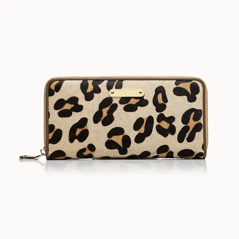 Ladies Long Zip Leopard Print Hair Calf Wallet leather wallet with zipper