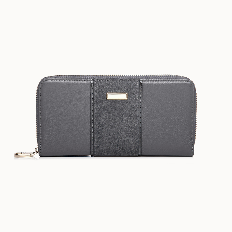 Nubuck & Pebble Leather Long Zip Wallet For Women