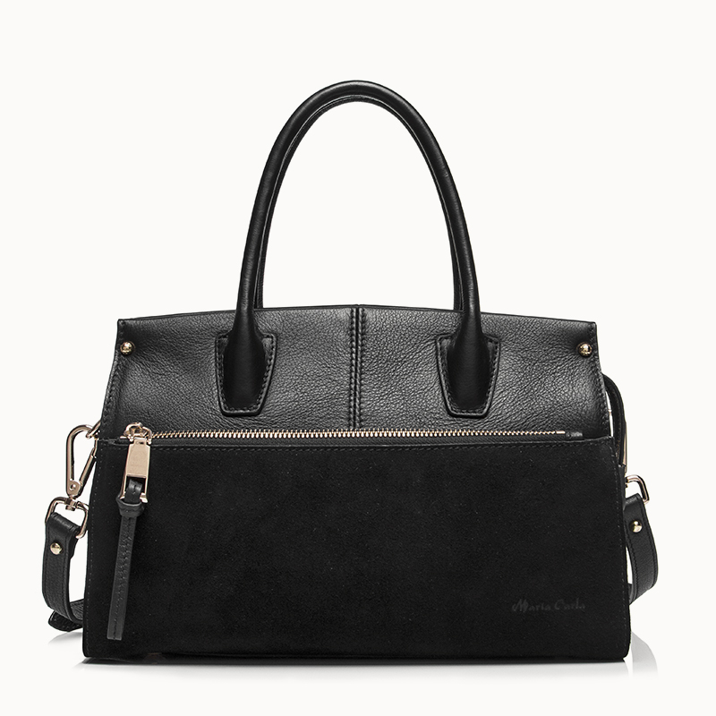 Leather hadnbag satchel bag with zipper pocket in suede