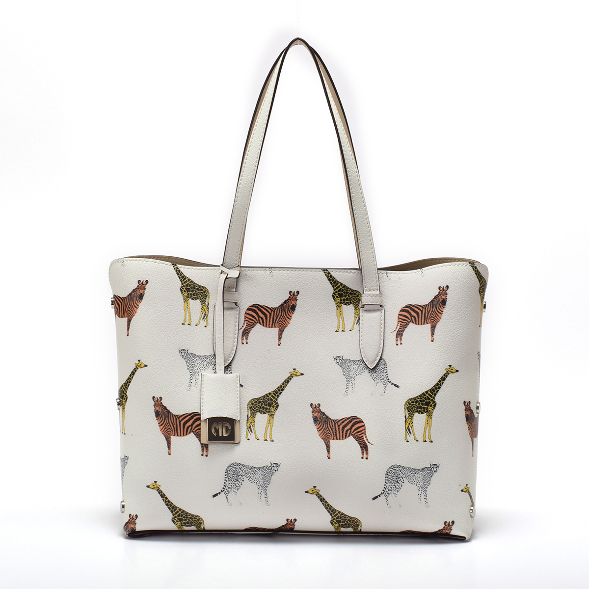 Printed leather tote in stock handbag