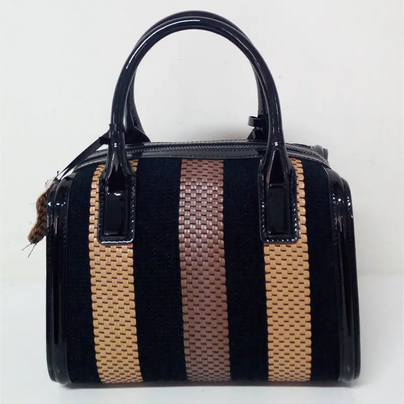 Fashion leather lady handbag stripe pattern trim